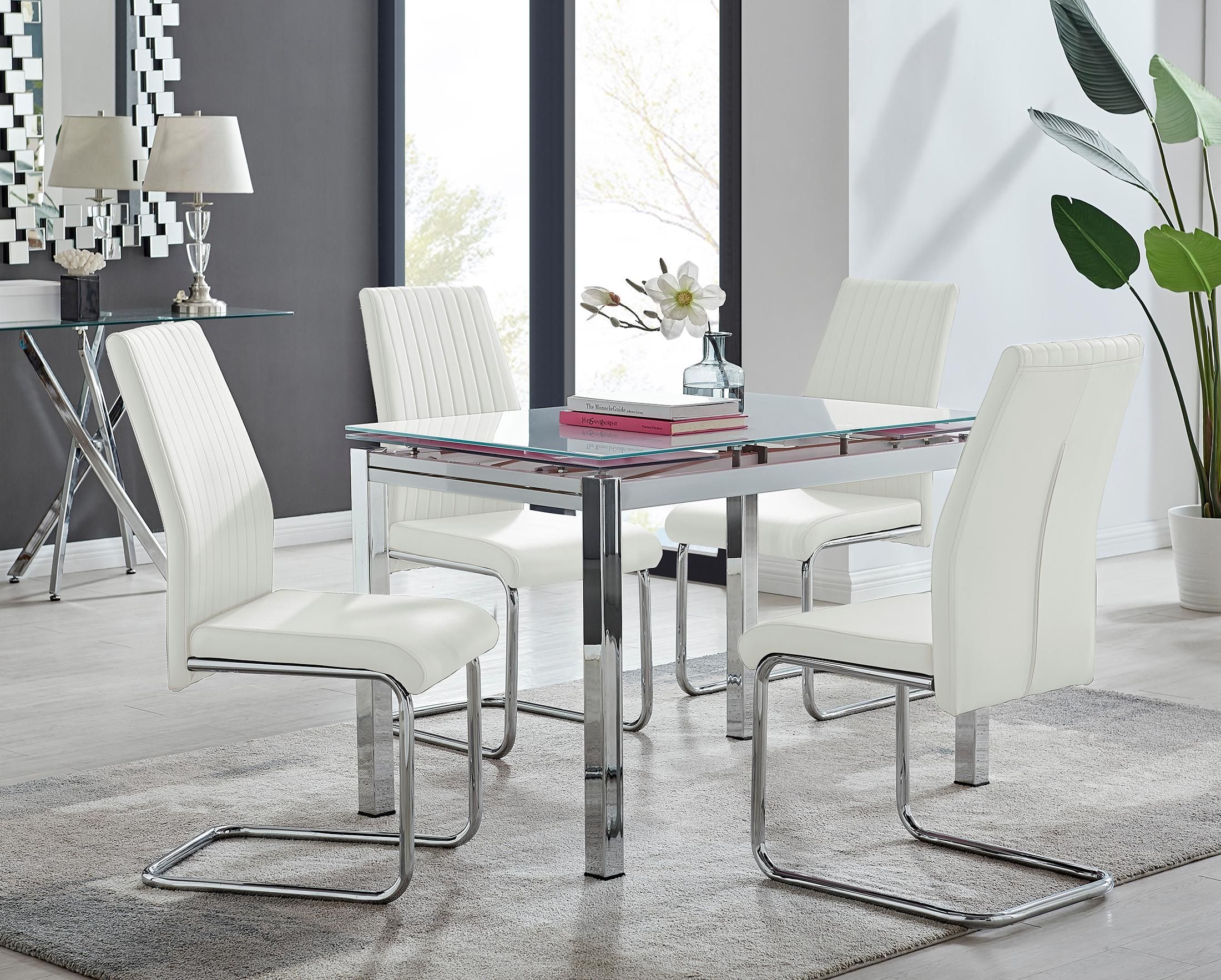 FurnitureboxUK Enna White Glass Extending 4-6 Seater Dining Table & 4 Lorenzo Faux Leather Chairs