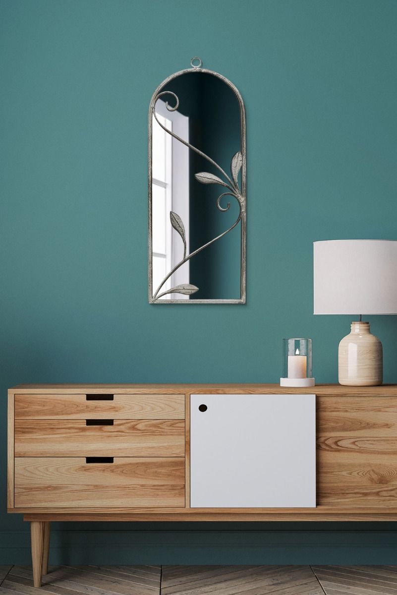 MirrorOutlet Concrete Colour Metal Framed Arched Wall Mirror 25"x 9" (64 X 24CM) in Grey