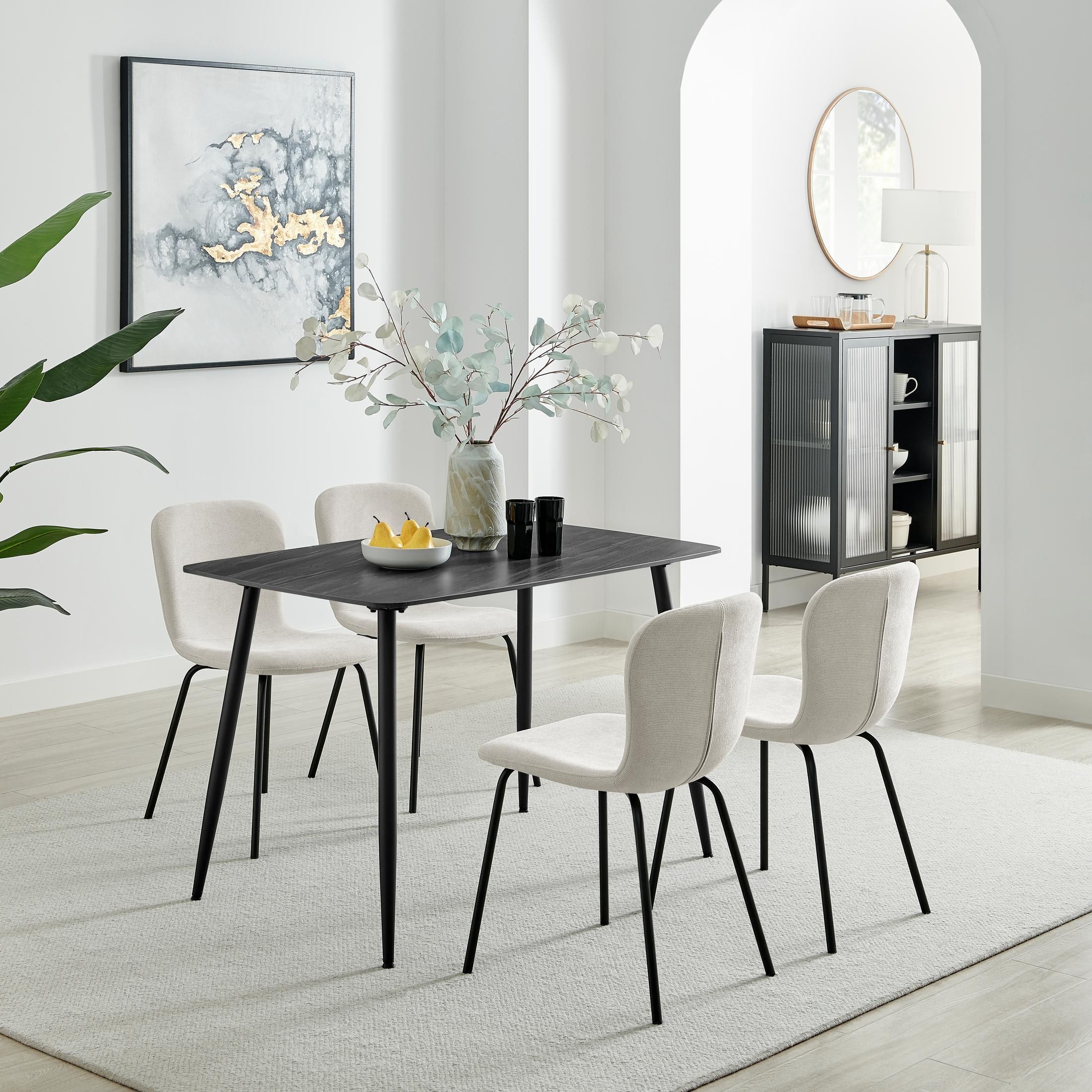 FurnitureboxUK Asti Grey Marble Ceramic Top Dining Table & 4 Black Asti Chairs in Cream