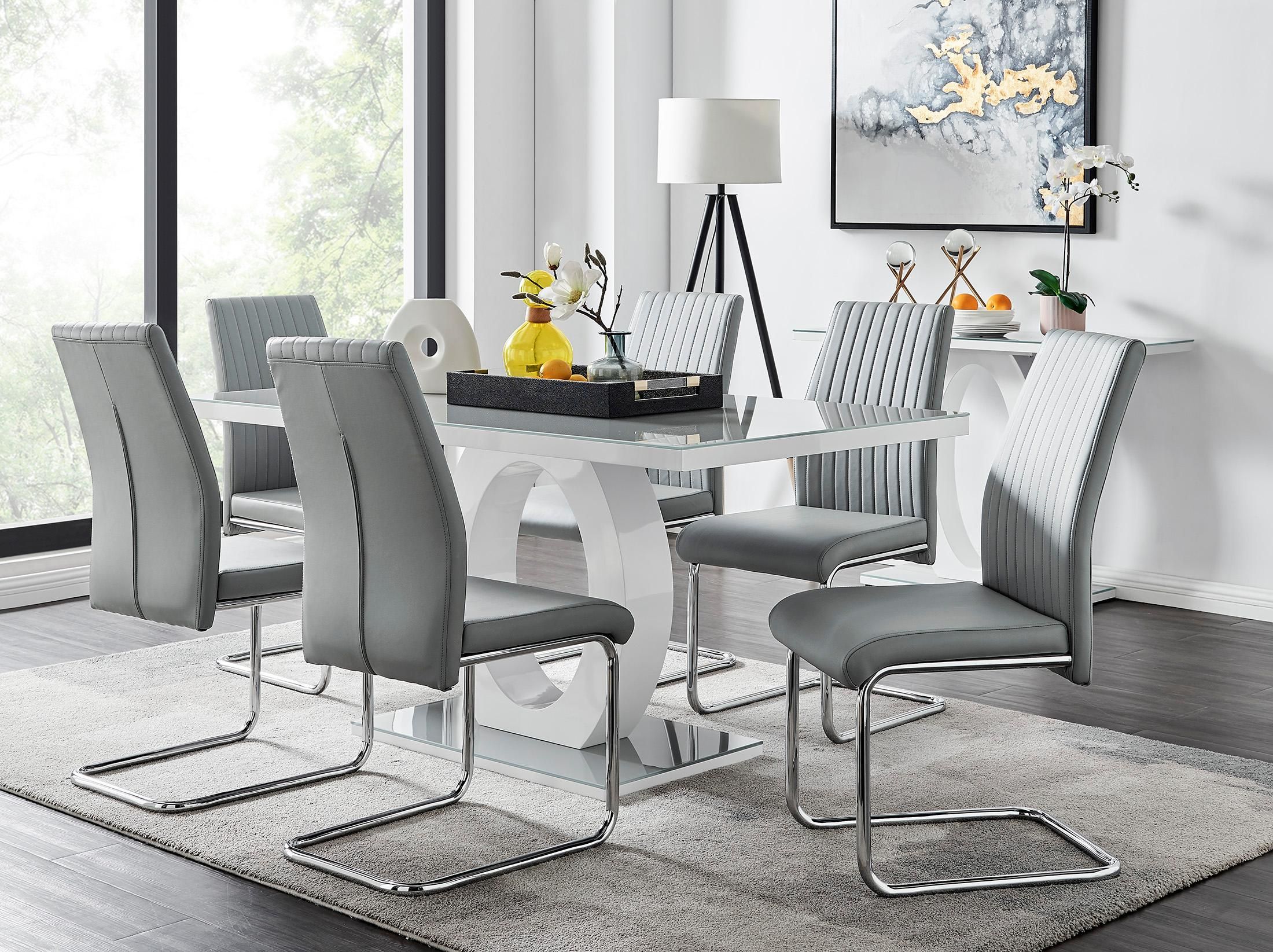 FurnitureboxUK Giovani 6-Seater Grey Glass Dining Table & 6 Lorenzo Faux Leather Dining Chairs