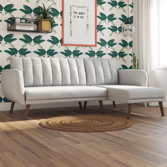 Brittany Linen Sectional Sofa Bed In Light Grey With Wooden Legs