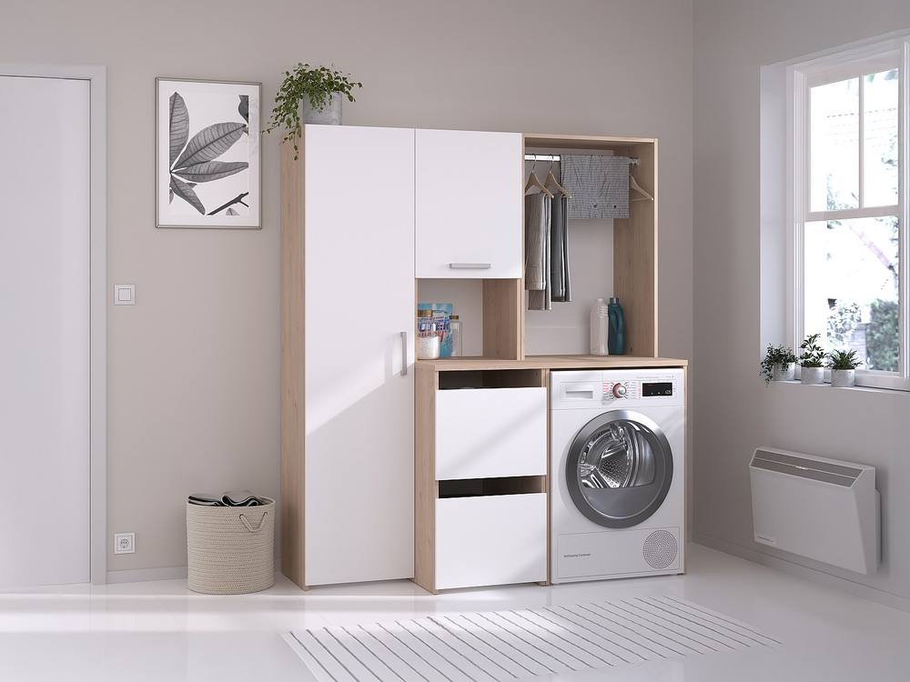 Vente-unique Washing Machine Cabinet With Wardrobe, Cupboard, & Storage Column in Light Oak
