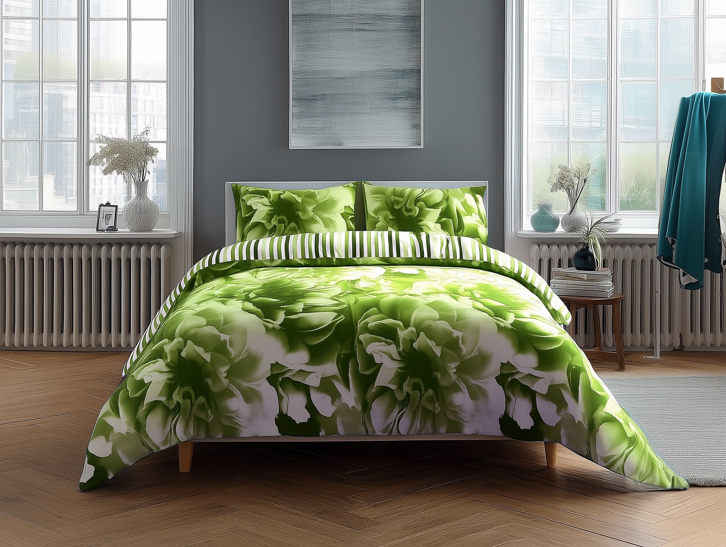 Snug City Duvet Cover & Pillowcase Set Reversible Rose & Stripe Design Polycotton Bed Linen in Lime