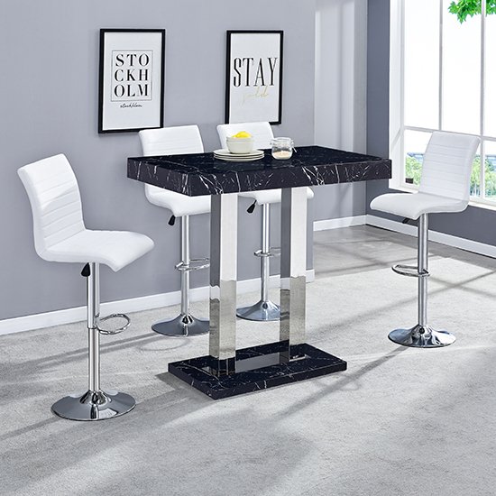 Milano Marble Effect Gloss Bar Table 4 Ripple White Bar Stool