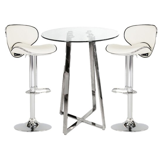 Poseur Glass Bar Table With 2 White Leather Nigella Stools