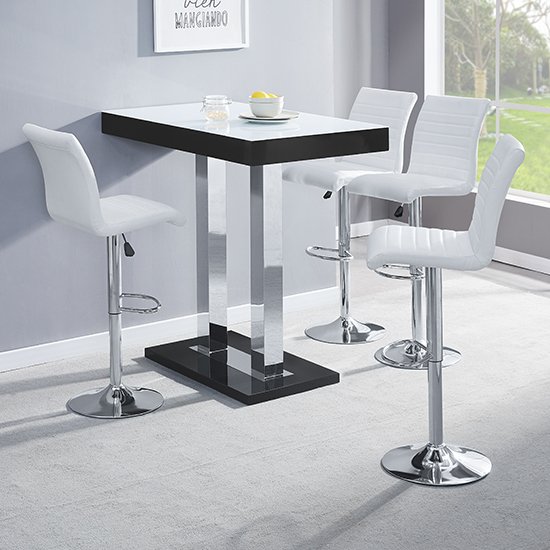 Caprice Black White Glass Bar Table With 4 Ripple White Stools