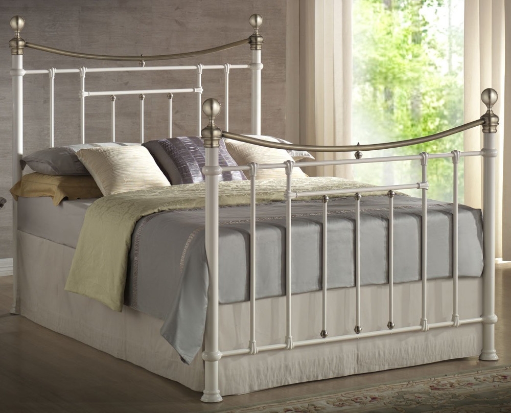 Bronte Double Cream Metal Bed Frame - Victorian Style - Brass Finials and Top Rail - 4ft6 - Happy Beds