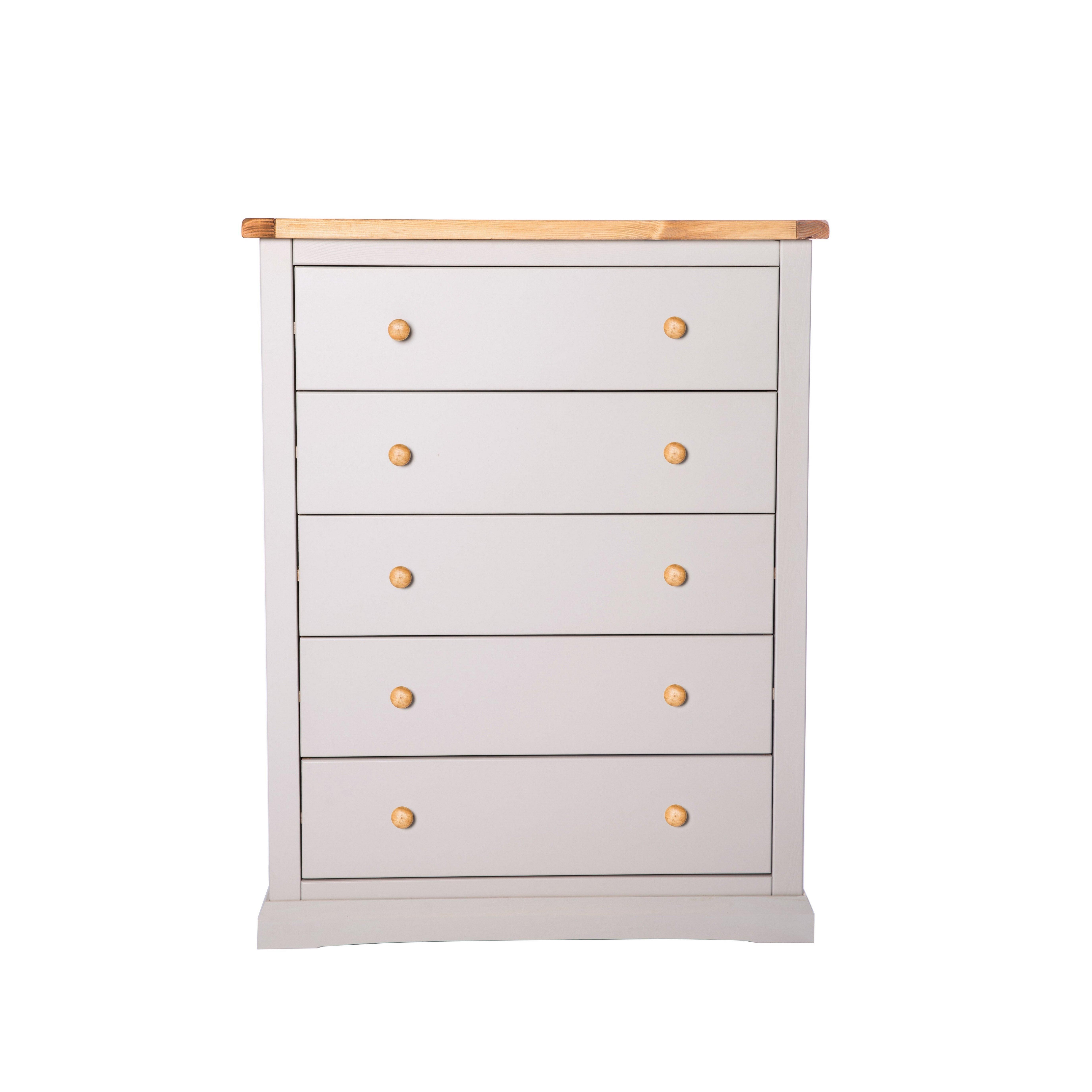 Cabinet Bits Loreo 5 Drawer Chest of Drawers Wood Knob in Light Grey