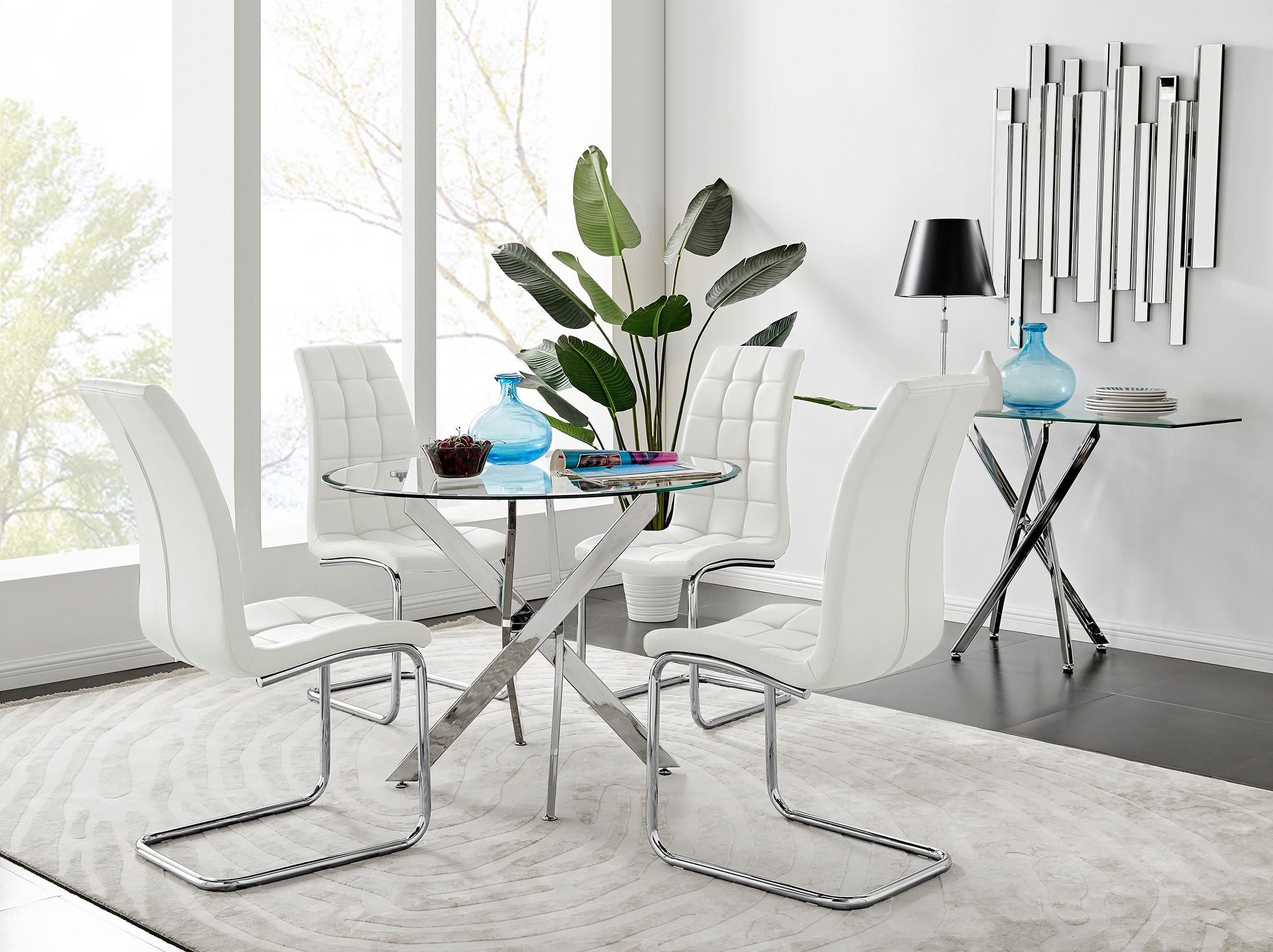 FurnitureboxUK Novara Chrome Metal 100cm Round Glass Dining Table & 4 Murano Dining Chairs in White