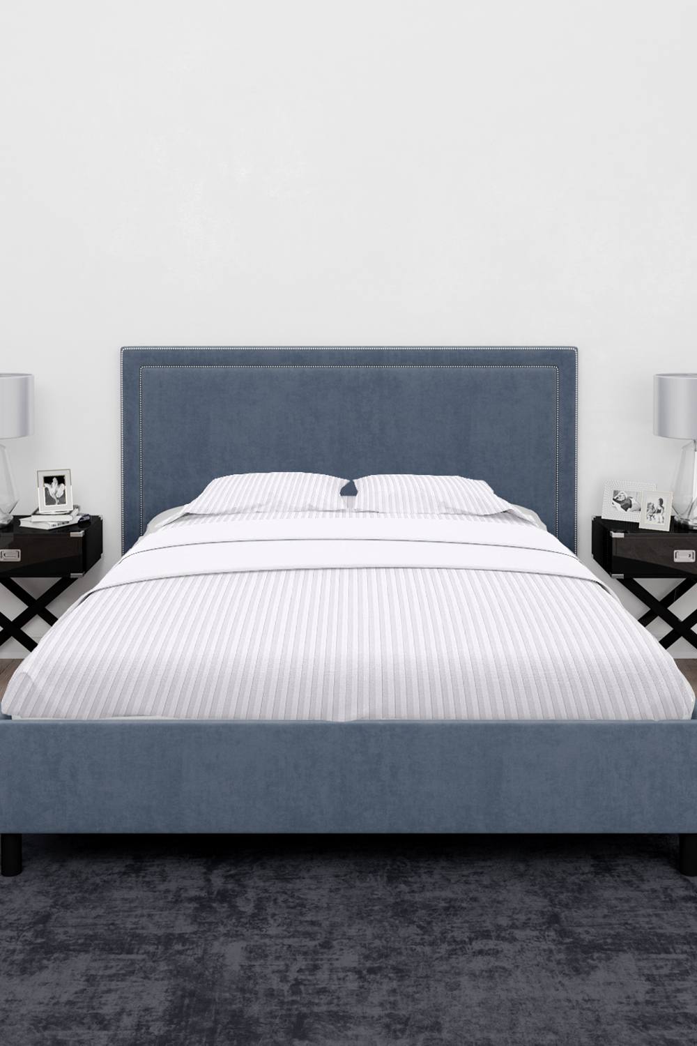 Neel Blue 300TC Cotton Fitted Sheet, White Satin Stripe, King, 150x200x30cm