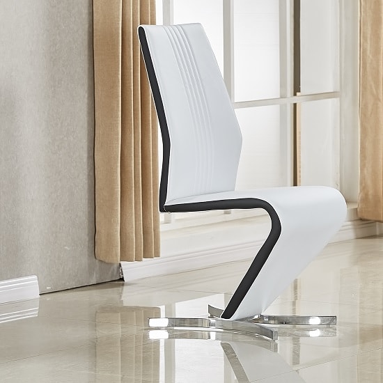 Gia Dining Chair In White Black Faux Leather With Chrome Base