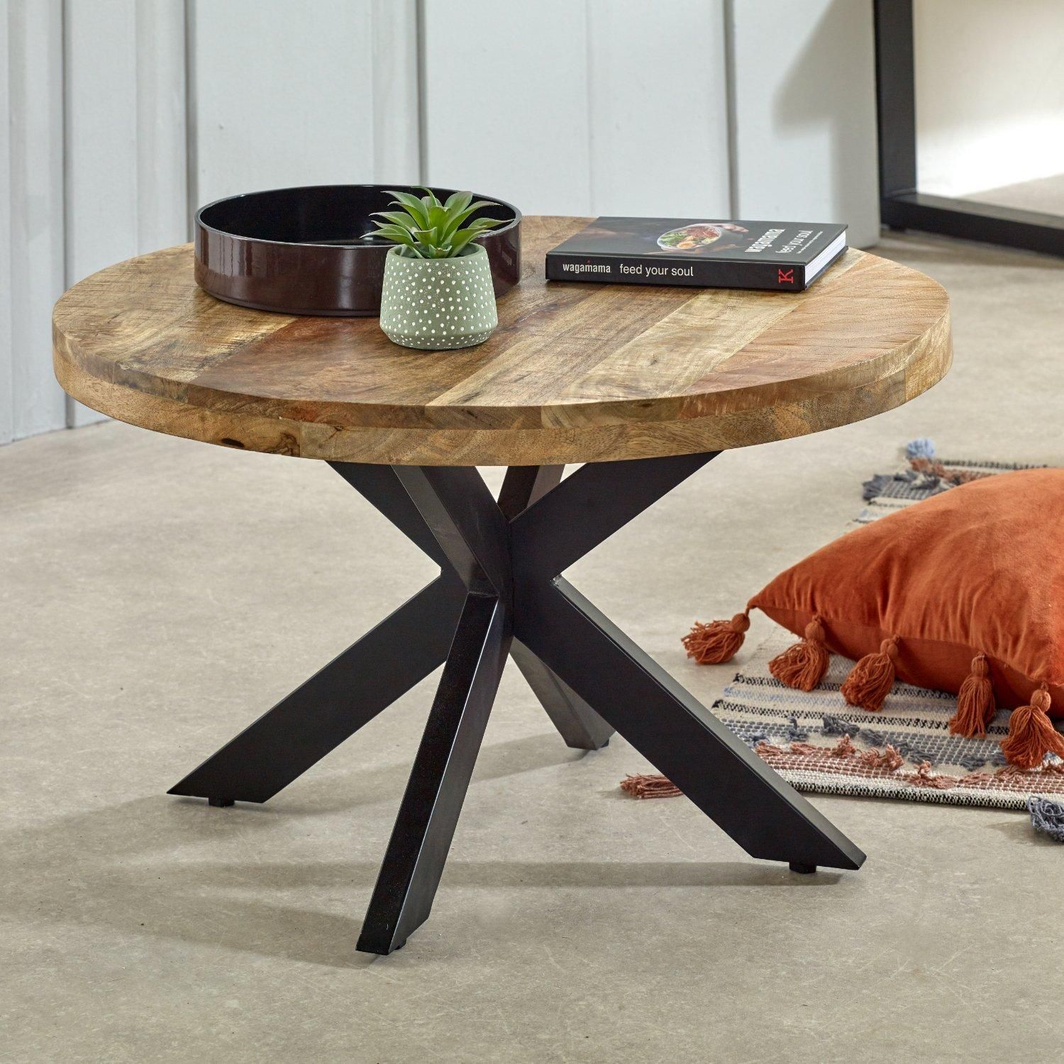 IH Design Bratton Mango Wooden Round Coffee Table Spider Legs in Brown