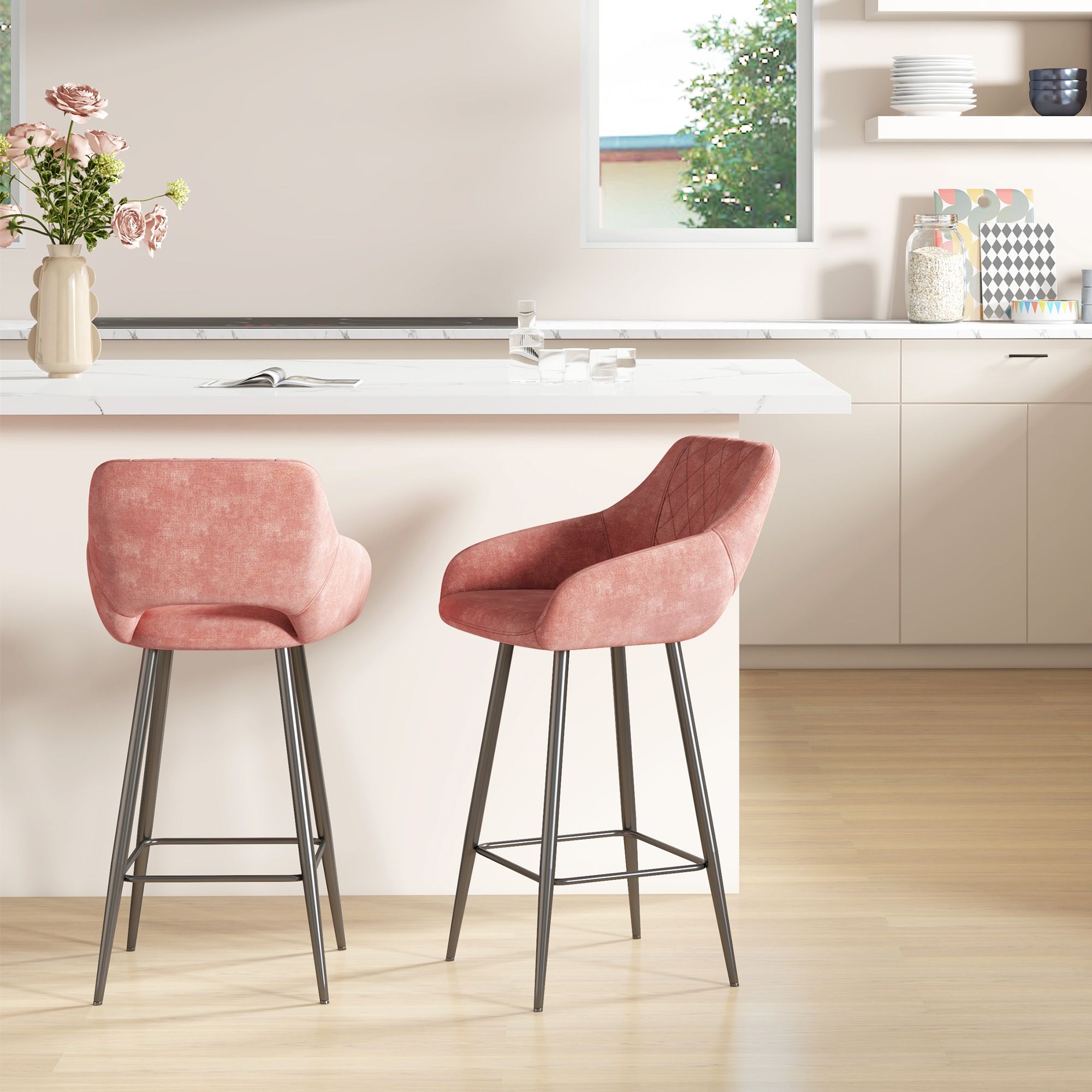 HOMCOM Stools Set of 2, Velvet-Touch Fabric Counter Height Bar Chairs in Pink