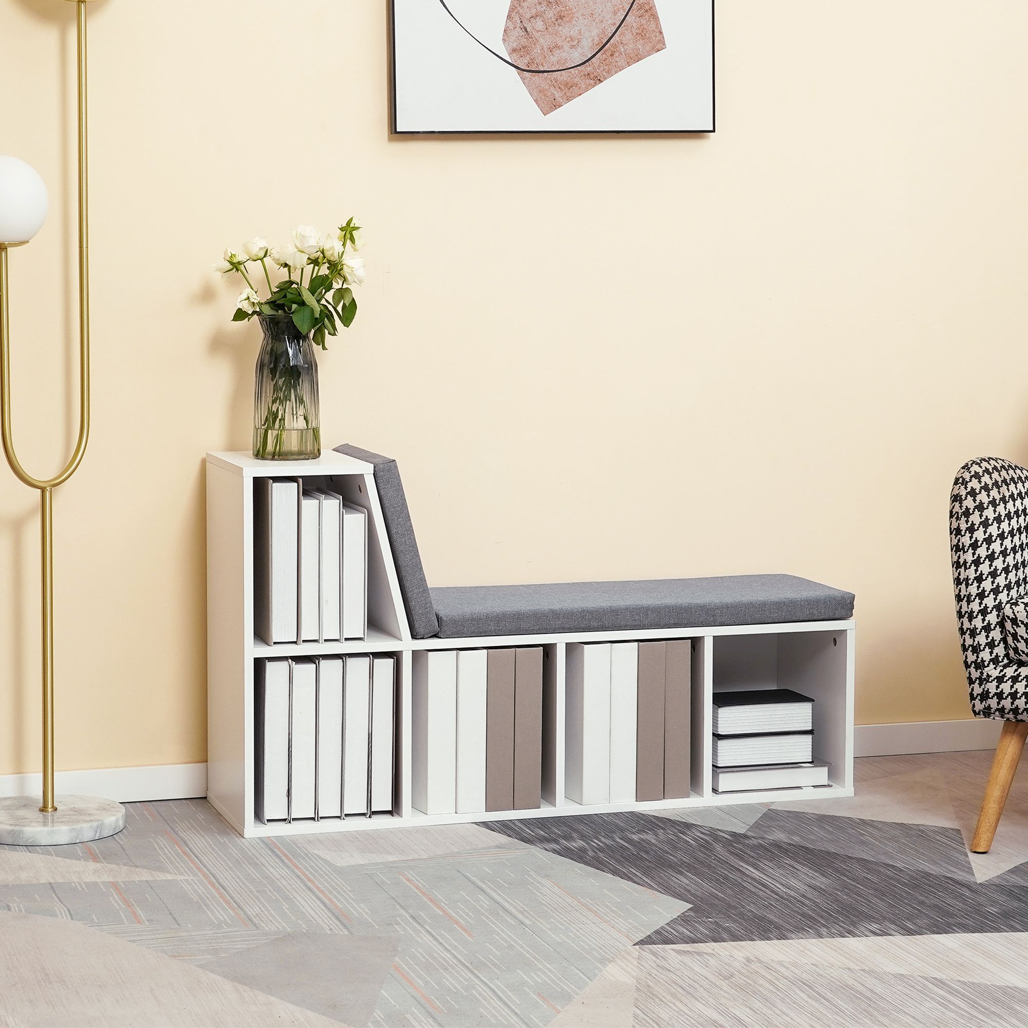 HOMCOM 2 Tier Bookcase Modern Bookshelf Removable Cushions for Home Office in White