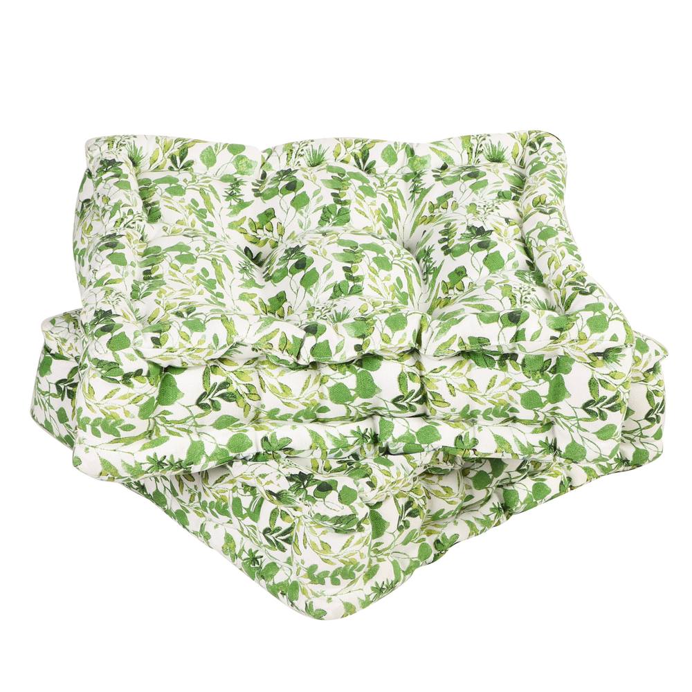 Dibor Set of 2 Green Leaf Print Indoor Chair Box Cushions L40 x W40cm in White