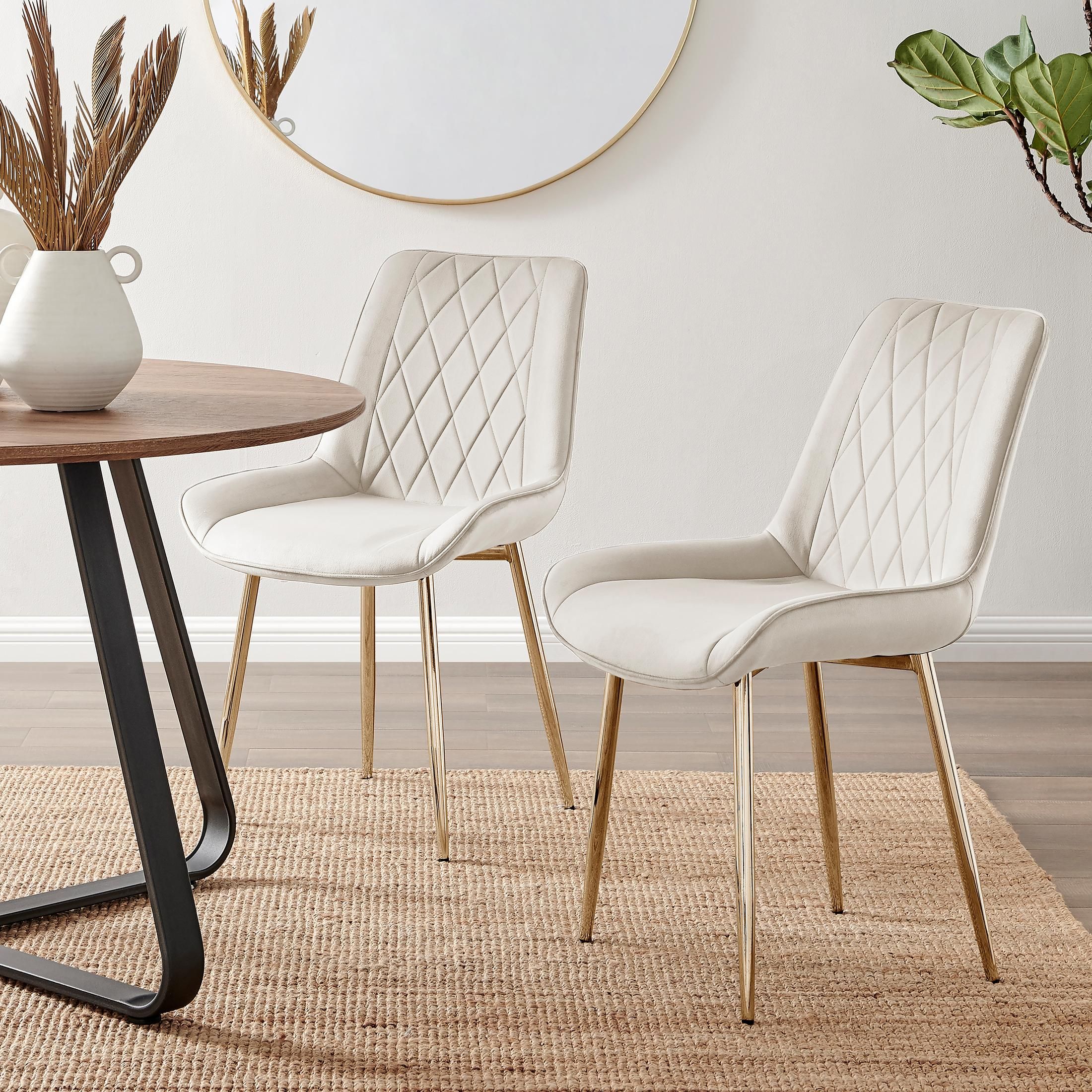 FurnitureboxUK Set of 2 Pesaro Luxury Soft Touch Diamond Pattern Velvet Dining Chairs With Gold Chrome Metal Legs in Cream