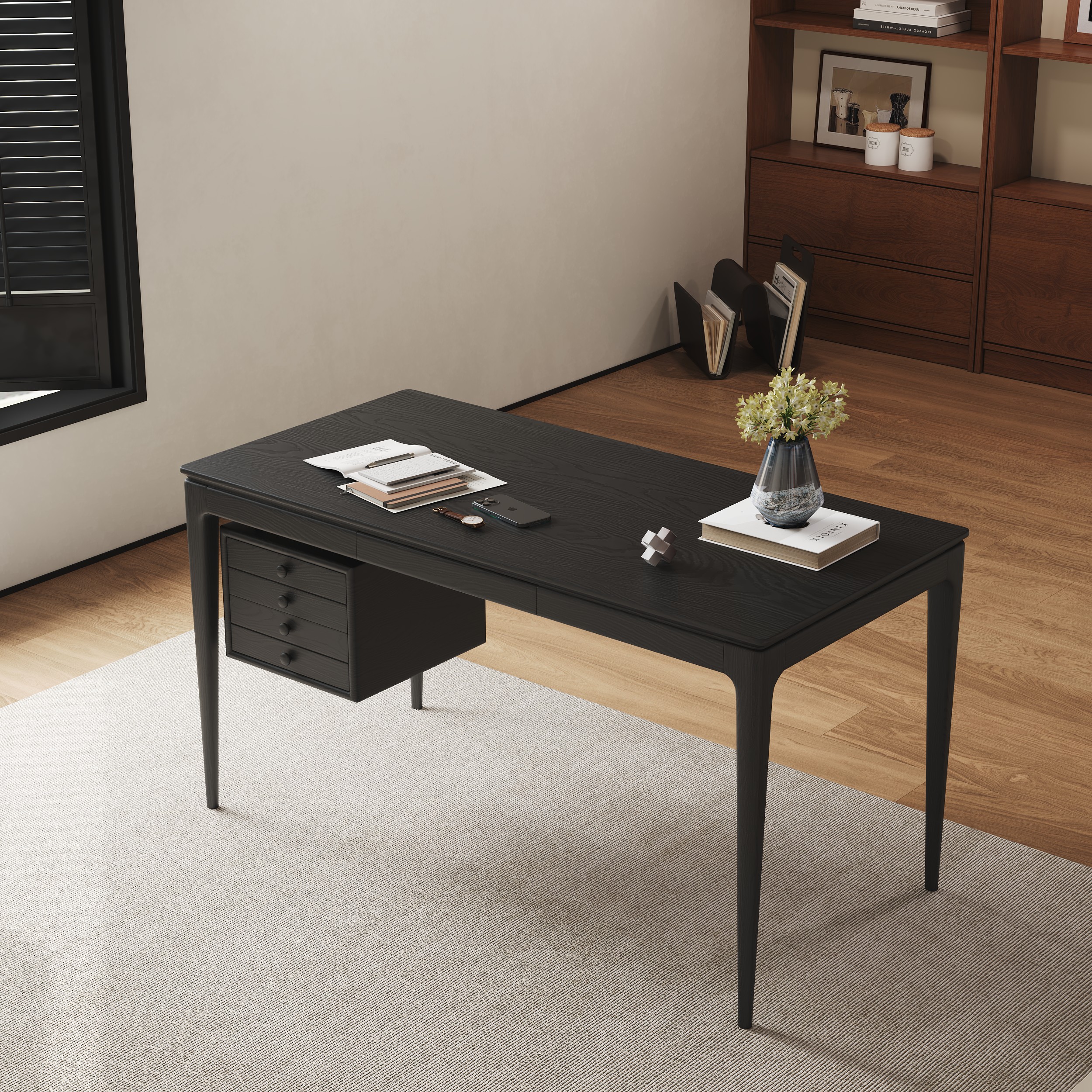 Mid-century Style Black Ash Wood Writing Desk Home Office Desk with 3 Drawers Office Furniture (140 cm)