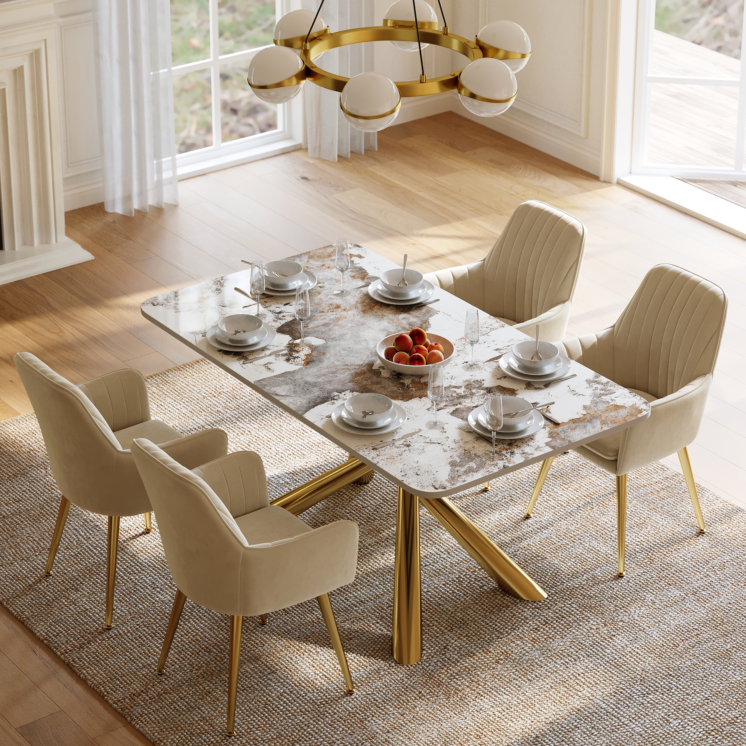 Dining Set 160 cm Rectangle Glossy Pandora Sintered Stone Dining Table with 4 Chairs