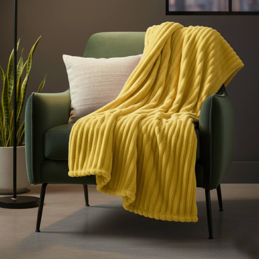 Snug City Chunky Ribbed Mink Throw Ultra Soft Warm Elegant Blanket for Sofa Bed in Yellow