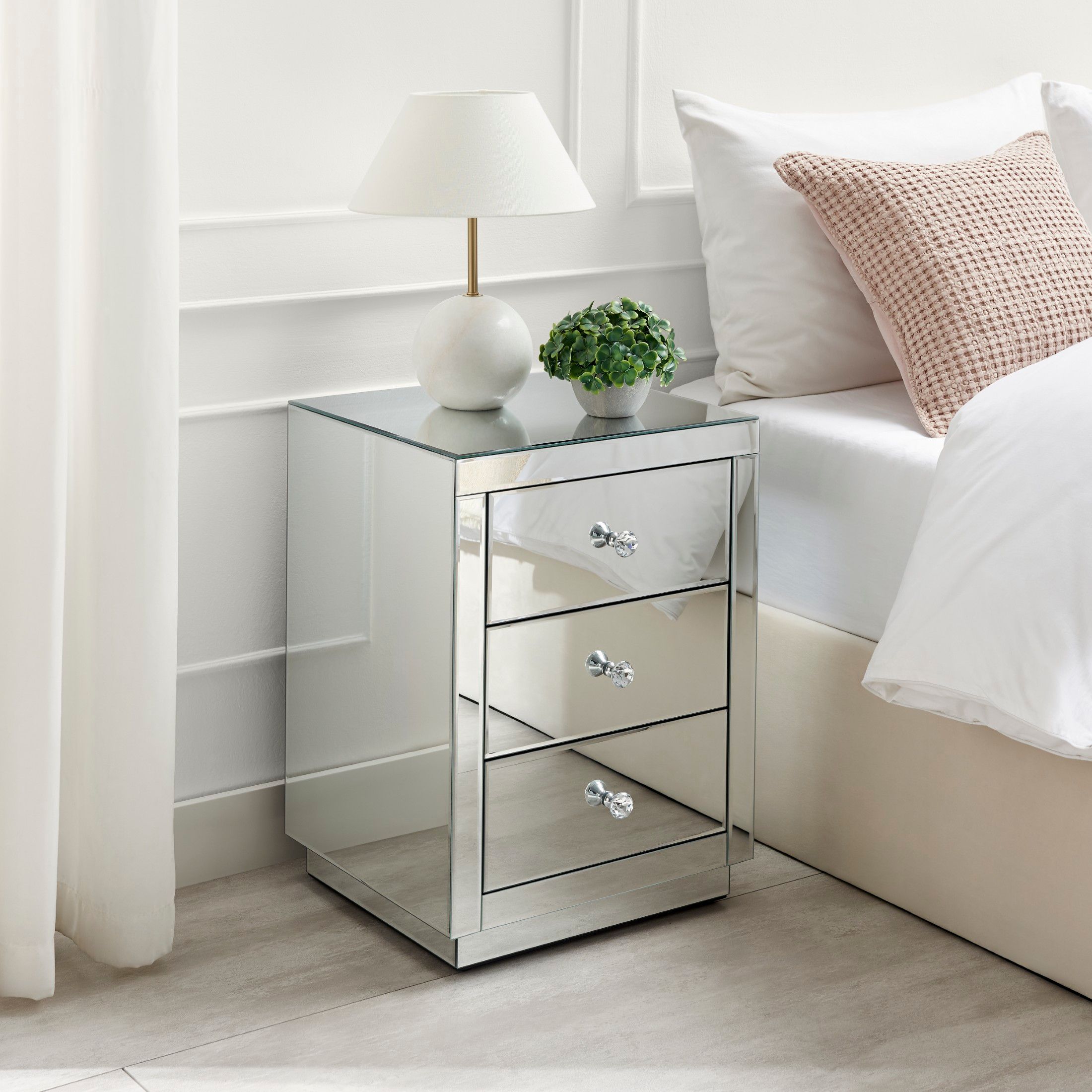 FurnitureboxUK Italian Inspired Contemporary Mirrored 3 Drawer Rectangular Bedside Table with Crystaline Shaped Handles in Silver