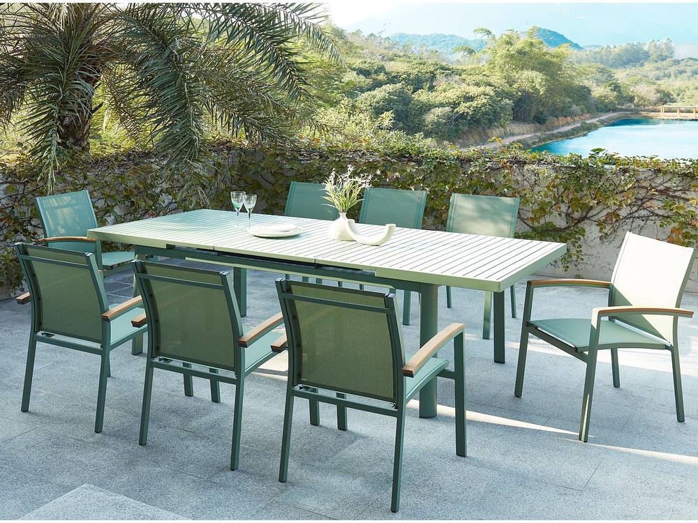 Vente-unique Aluminium Garden Dining Room : One Extendable Table 180/240Cm & 8 in Green