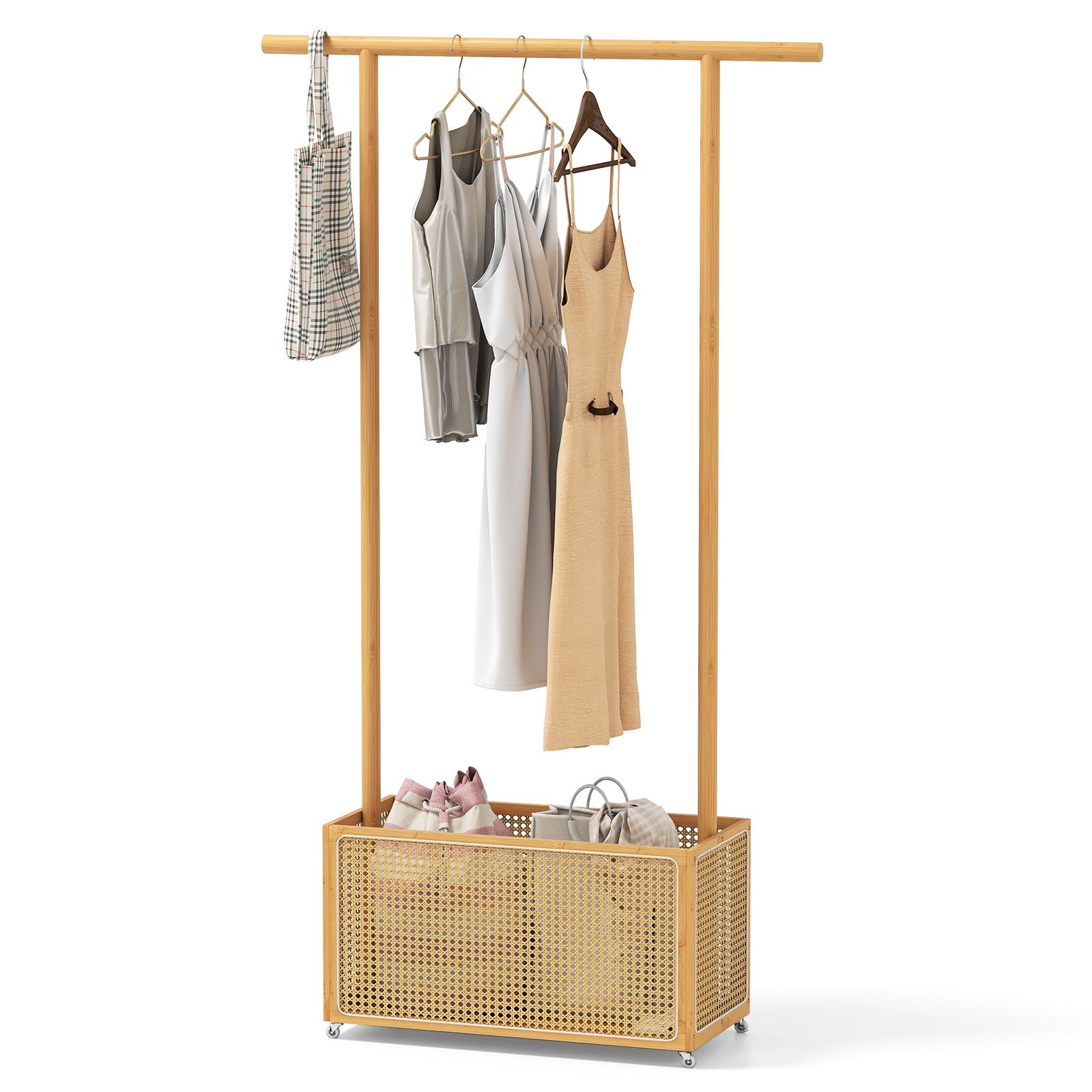 Costway Bamboo Clothes Rack Coat Hanger Stand with Rattan Storage Basket in Natural