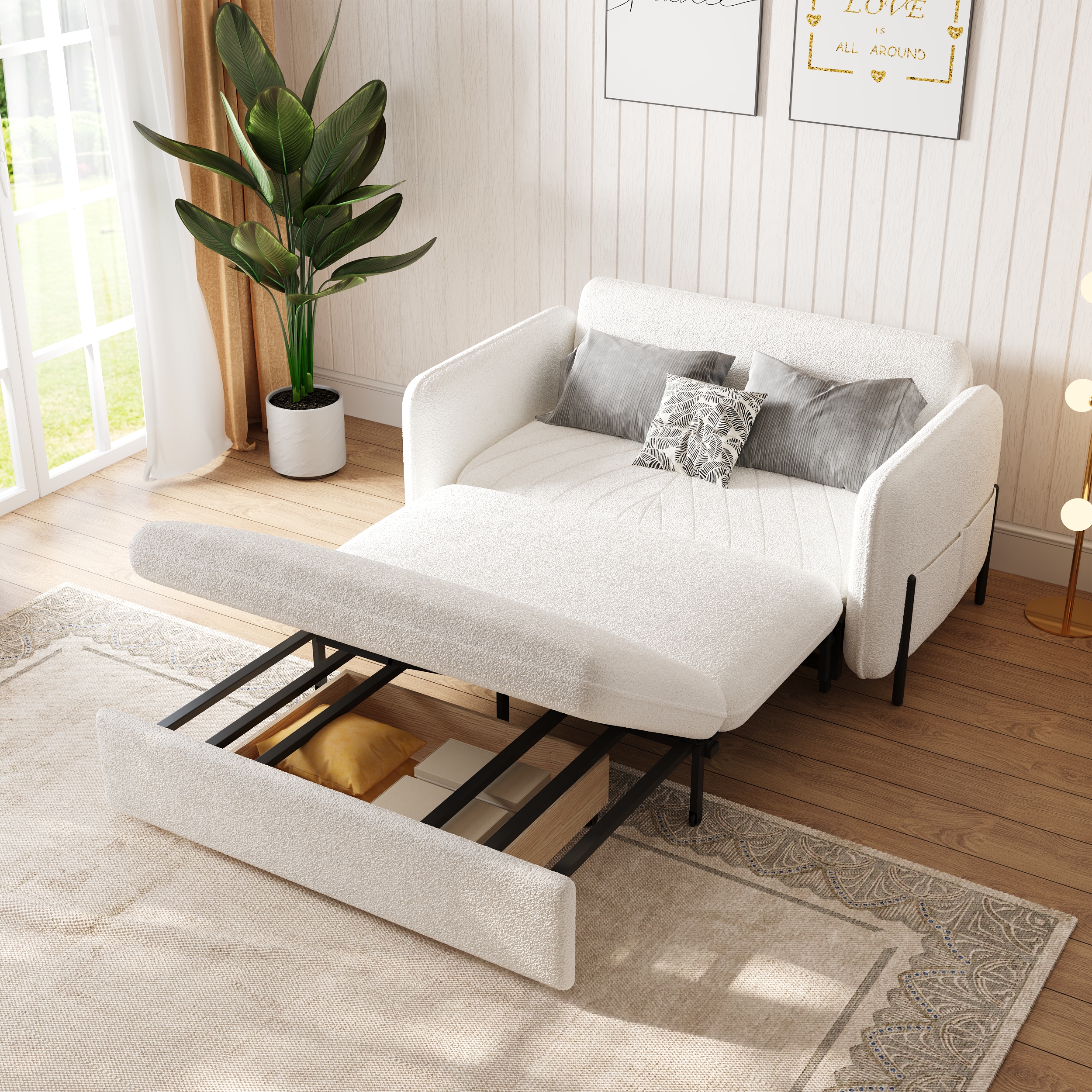 135 cm Full Sleeper Sofa White Boucle Upholstered Convertible Sofa