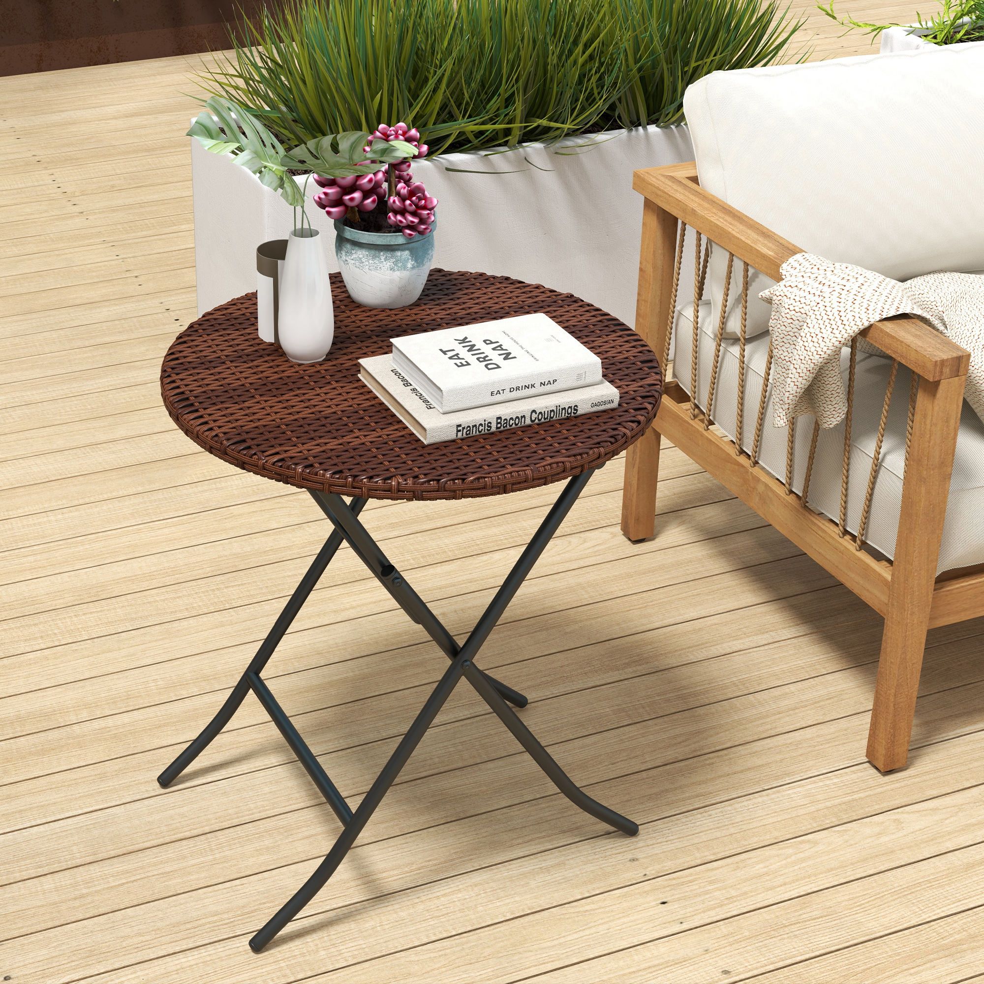 OUTSUNNY Foldable Outdoor Coffee Table, Metal Frame PE Rattan Side Table, Mixed Brown
