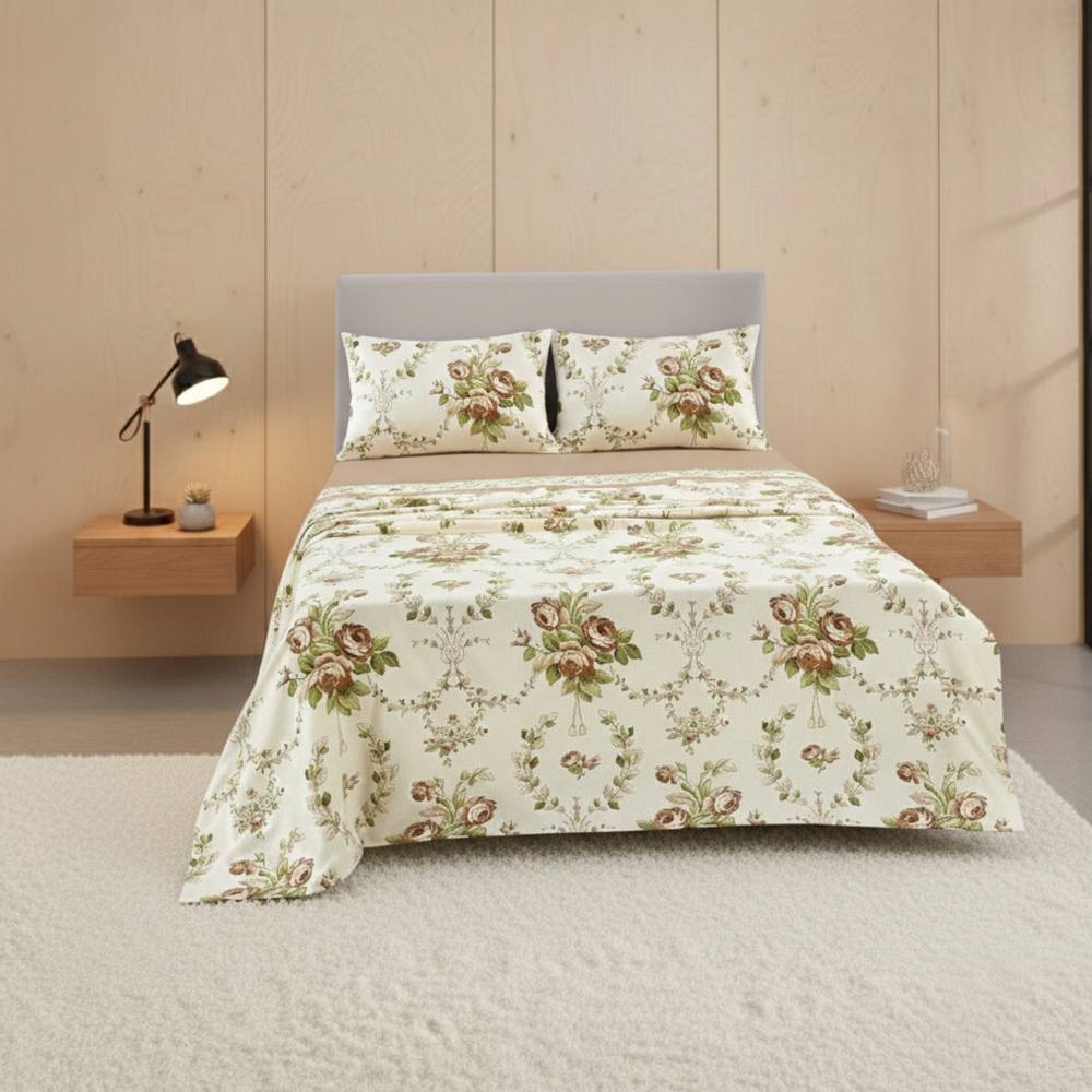 Snug City Soft Floral Brushed Cotton Fitted Flat Sheet & Matching Pillowcases in Natural