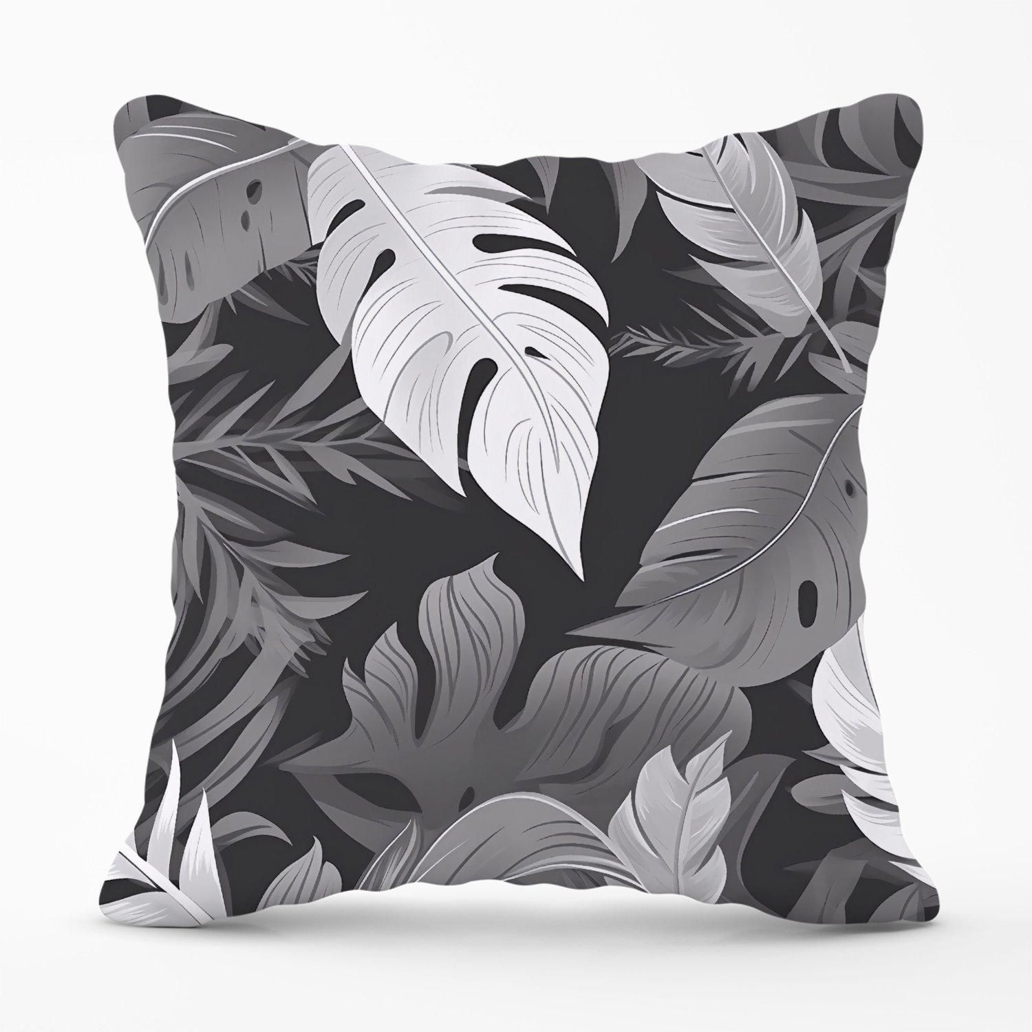 Warren Reed - Designer Black White Tropical Leaves Outdoor Cushion in Grey
