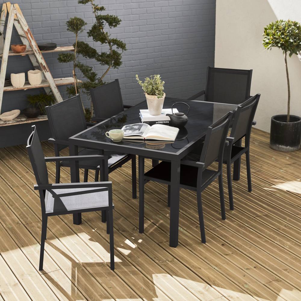 sweeek 6-seater Aluminium Garden Table With Textilene Chairs in Dark Grey