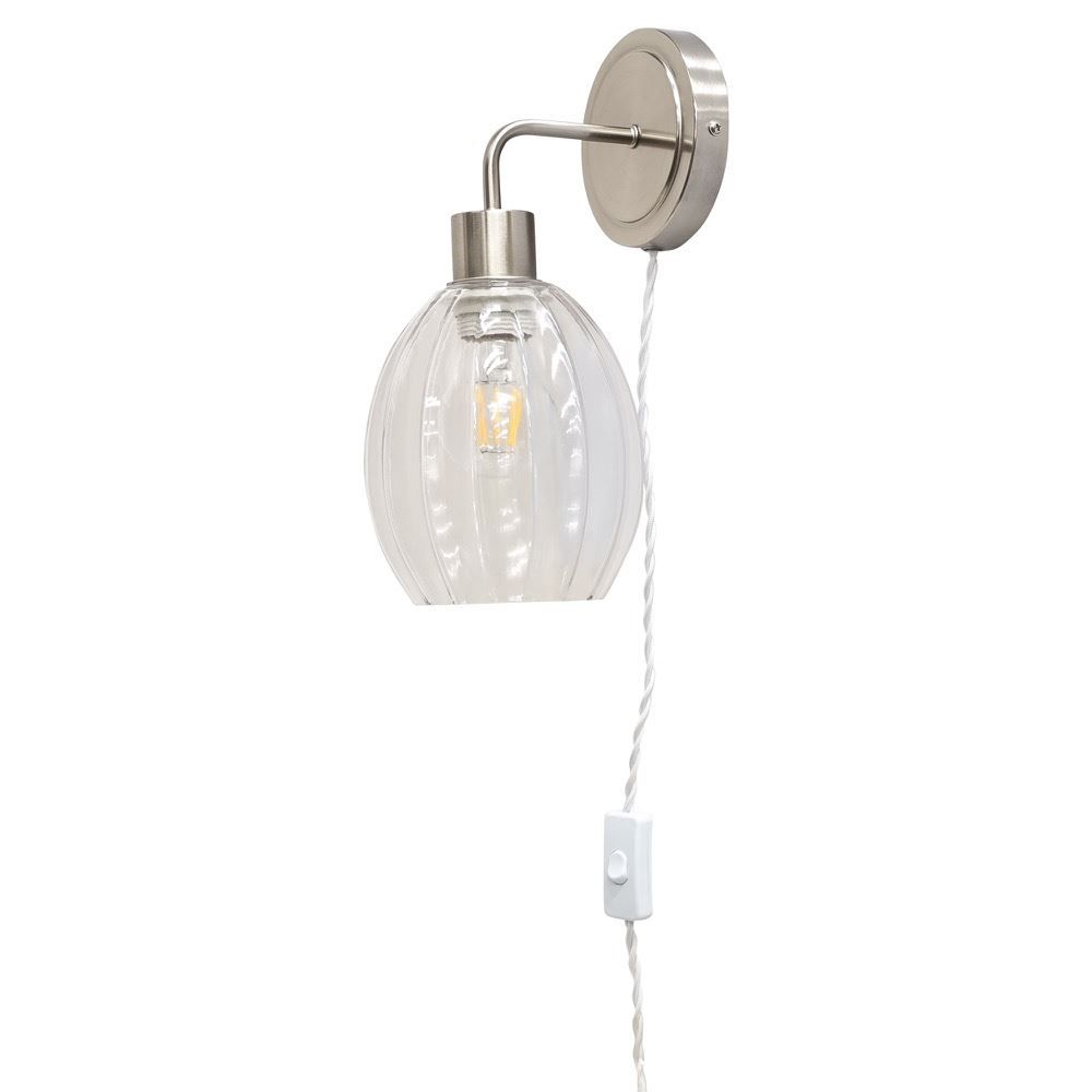 First Choice Lighting Toby - Satin Nickel Plug in Wall Light with Birch Fluted Glass Shade in Silver