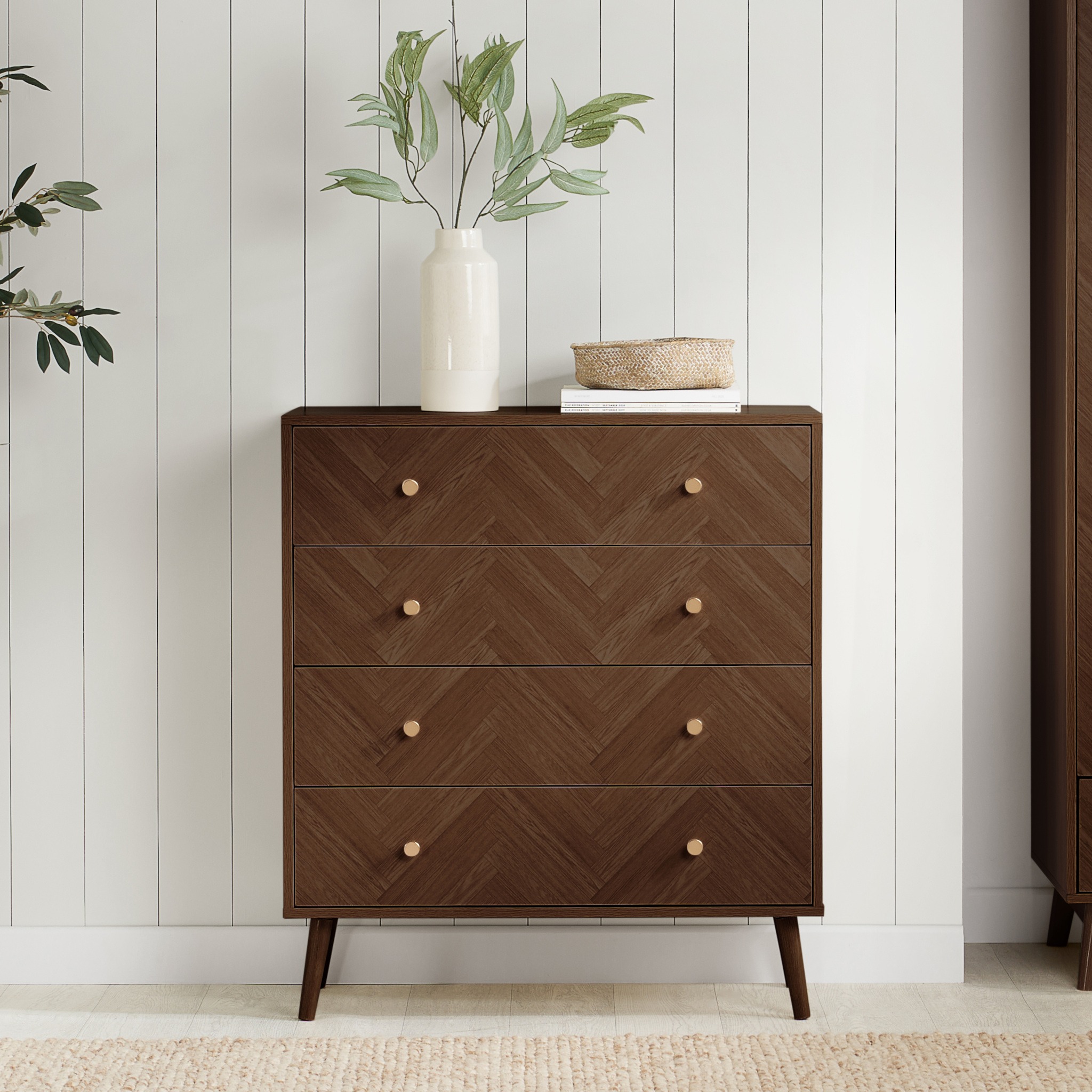 Herringford - 4 Drawer Chest of Drawers - Walnut - Wooden - Happy Beds