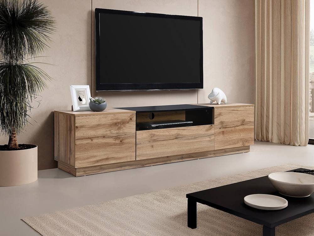 Vente-unique TV Stand With 2 Doors, 1 Drawer & 1 Shelf - Natural & Black