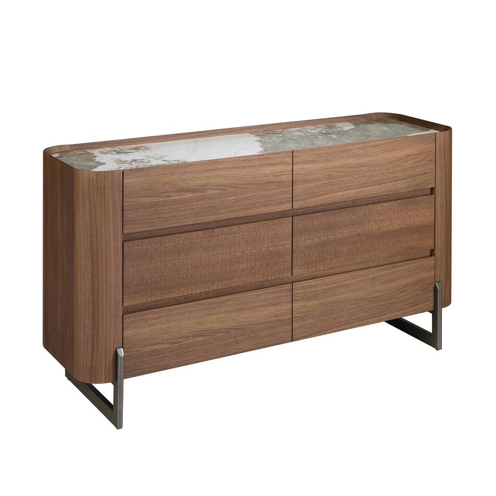 Angel Cerda Walnut Veneer 6-Drawer Chest with Porcelain Marble in Brown