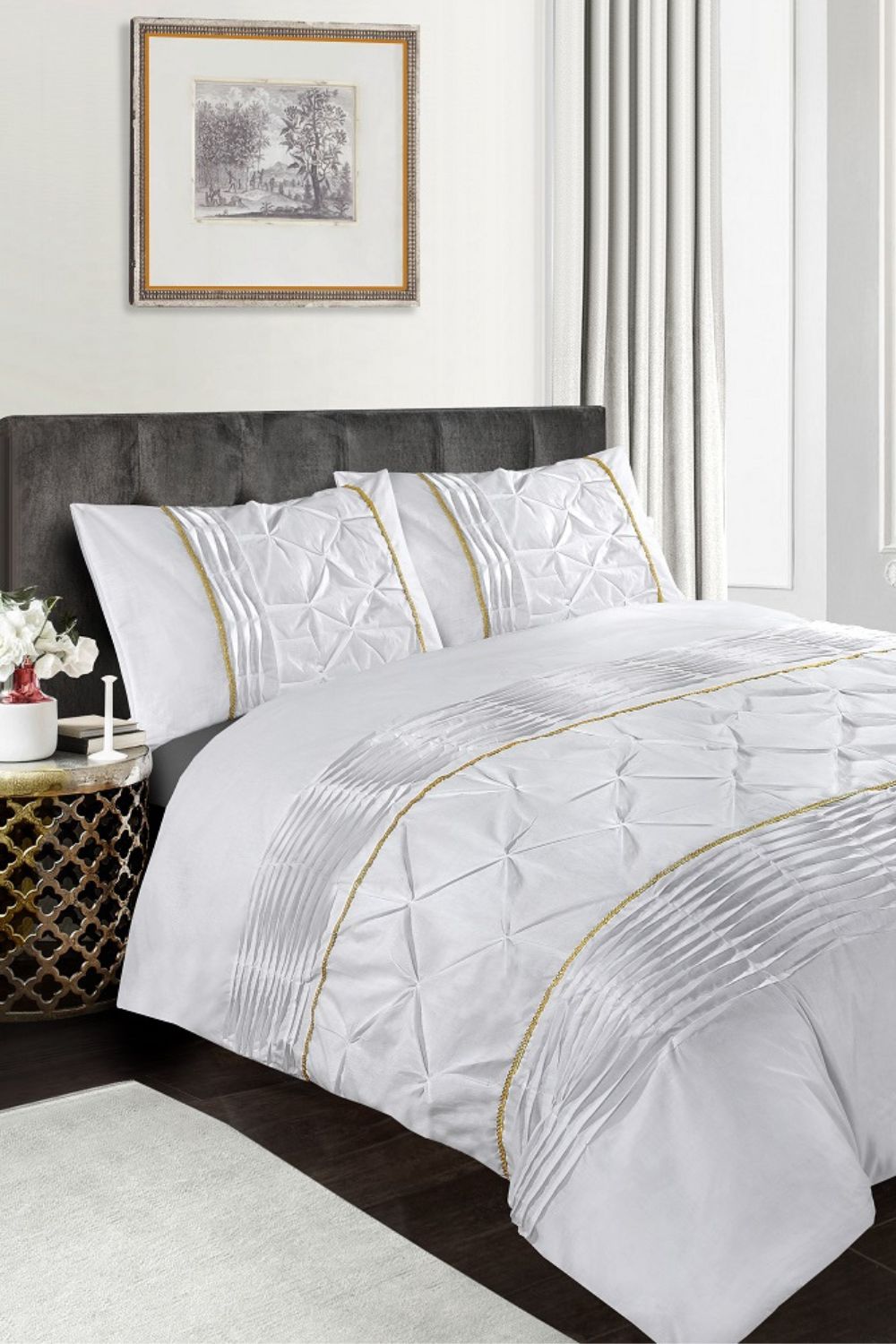 HomeSpace Direct Eleanor Embellished Pintuck Glitter Detail Duvet Cover Set in White