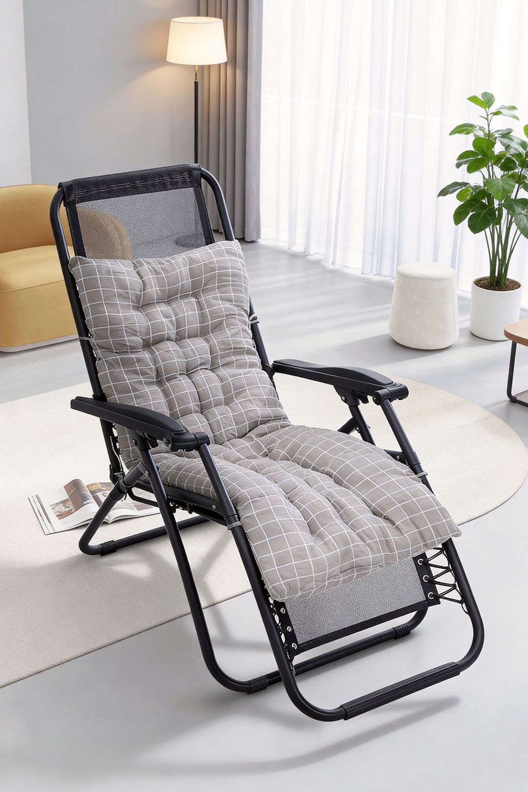 Living and Home 110cm L x 40cm W Plaid Print Beach Chair Seat Cushion Button Tufted Lounge Cushion in Grey