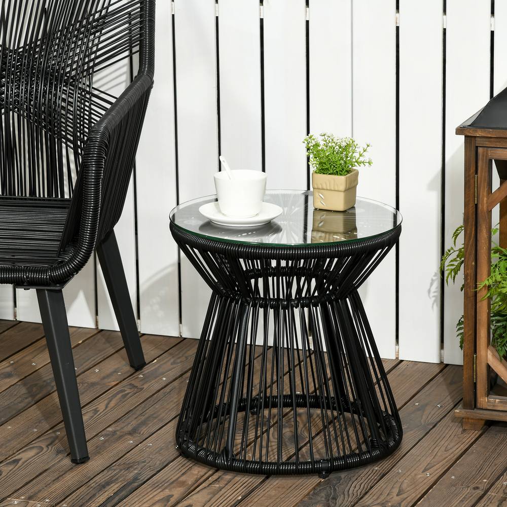 OUTSUNNY PE Rattan End Table, Round Side Table, Tempered Glass Top Coffee Table, Black