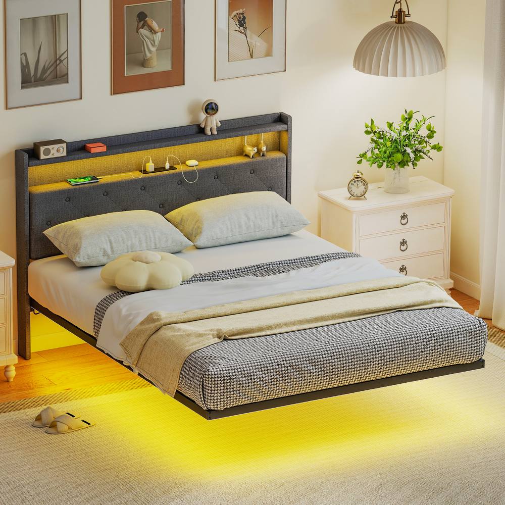 HOMCOM Floating Bed Frame with RGB Lights, Upholstered Double Size Bed, Grey