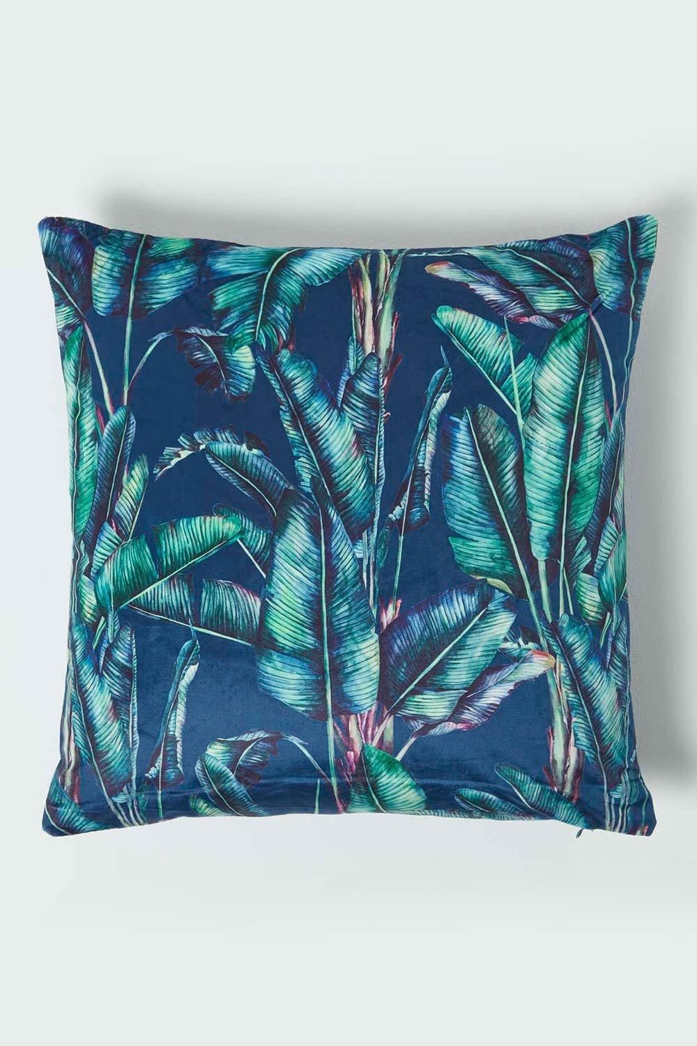 Homescapes Navy Tropical Banana Leaf Velvet Cushion 46 x 46 cm in Teal