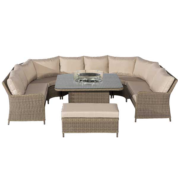 Taransay Royal U Shaped Garden Set with Fire Pit in Natural Weave and Beige Fabric Cushions