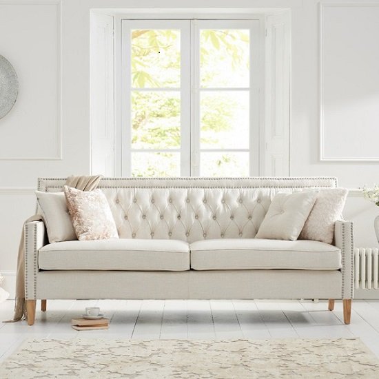 Ballark Fabric 3 Seater Sofa In Ivory White And Natural Ash Legs