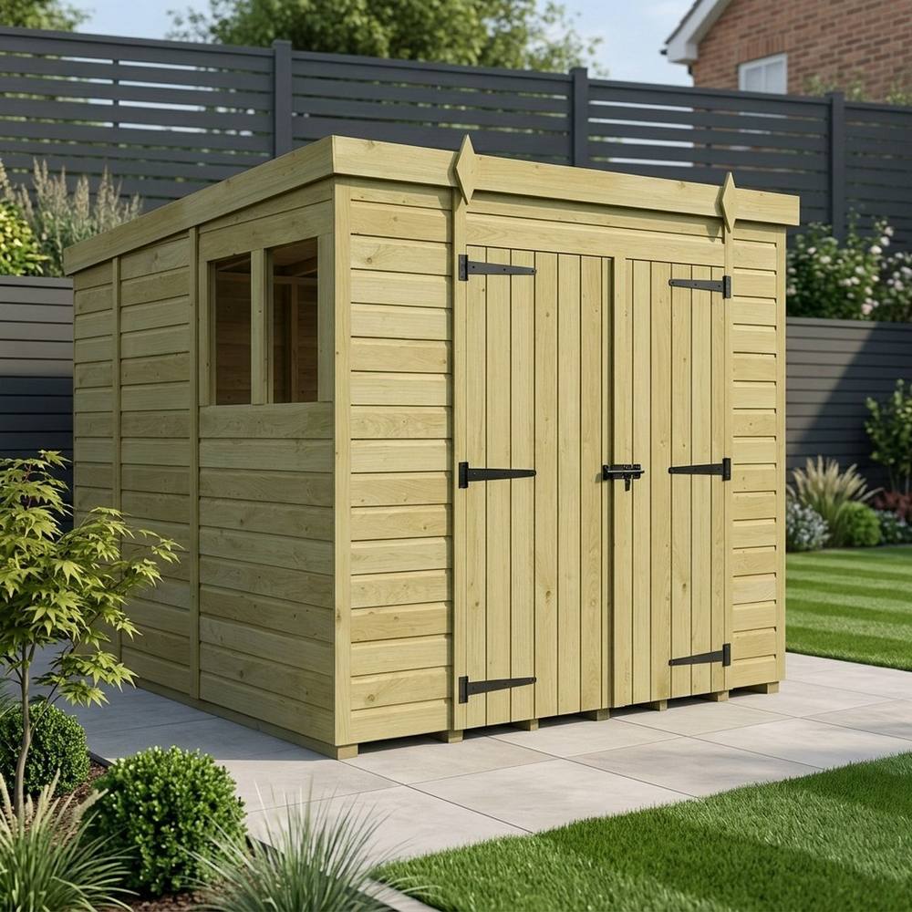 Buttercup Farm 9ft x 9ft Pent Garden Shed Double Door With Windows - Timber in Brown 2