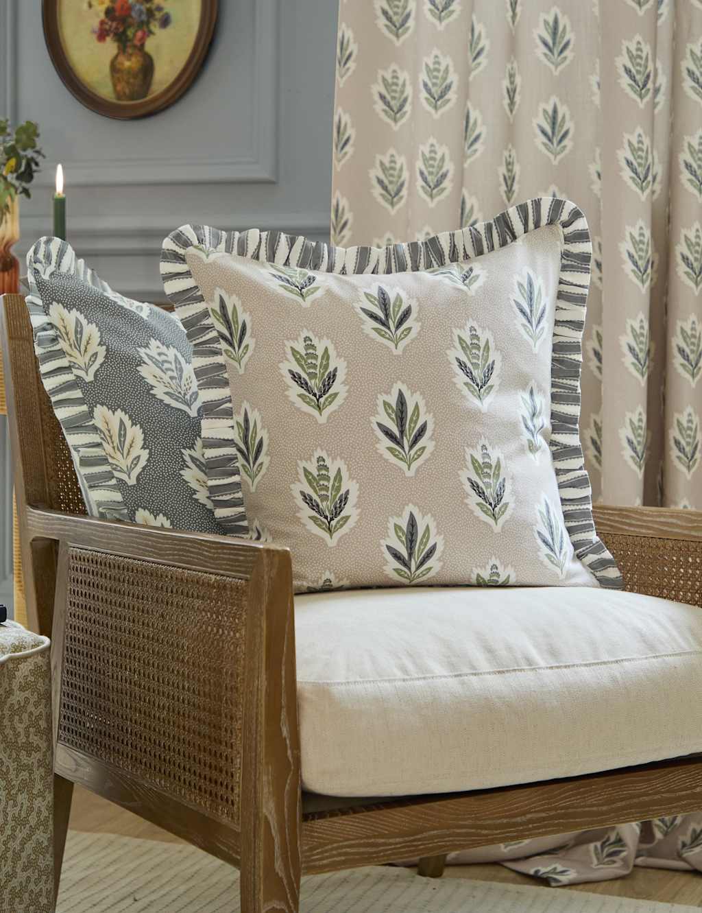 Sanderson Pure Cotton Sessile Leaf Ruffle Cushion Natural Mix