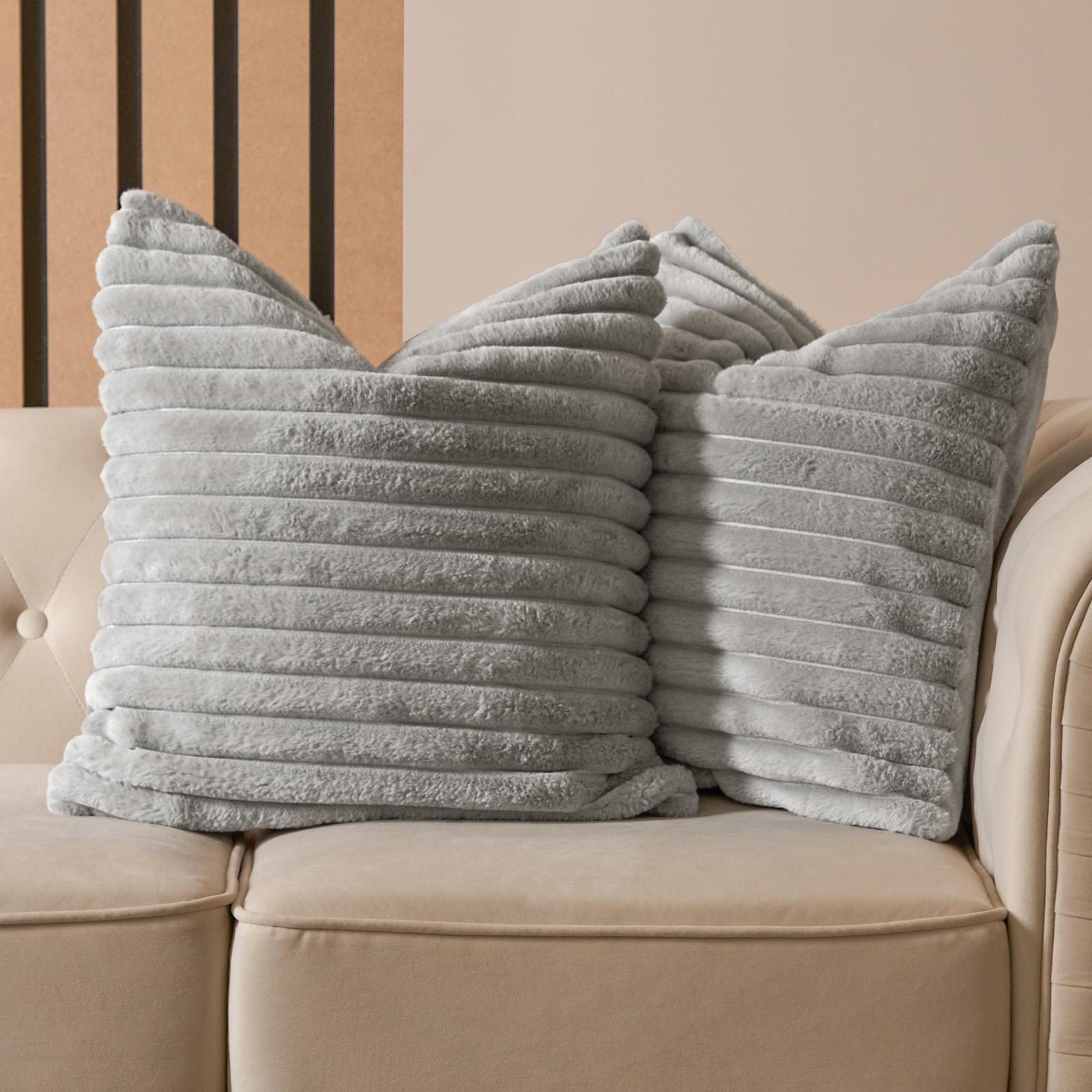 OHS 2 x Faux Fur Thick Rib Cushion Covers in Light Grey