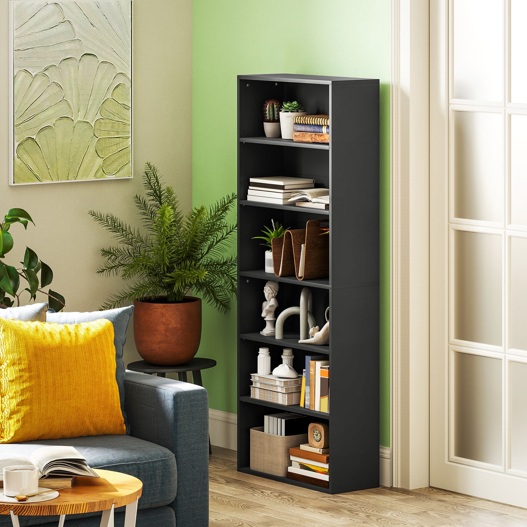 HOMCOM 6 Tier Bookshelf, Freestanding Bookcase with Adjustable Shelves, Black
