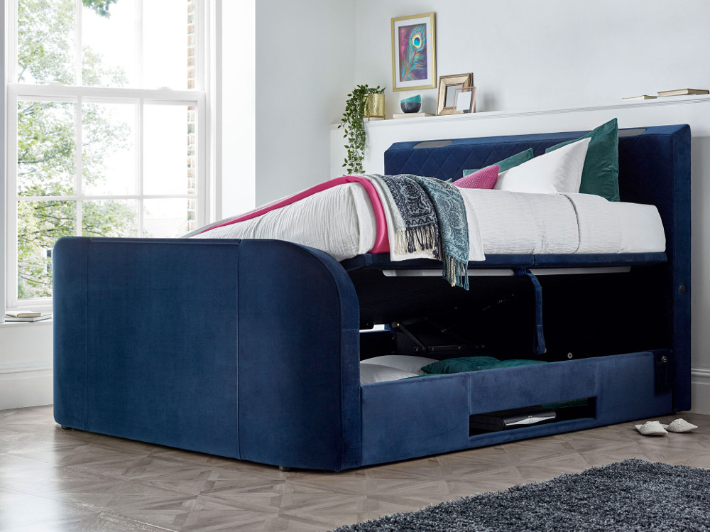 Paris Blue Velvet Fabric Ottoman Electric Media TV Bed Frame - 4ft6 Double
