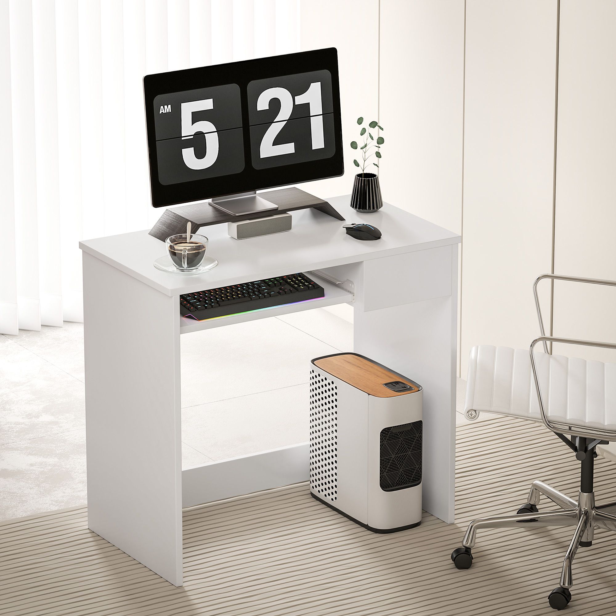 HOMCOM Compact Computer Table w/ Keyboard Tray Drawer Study Office Work in White