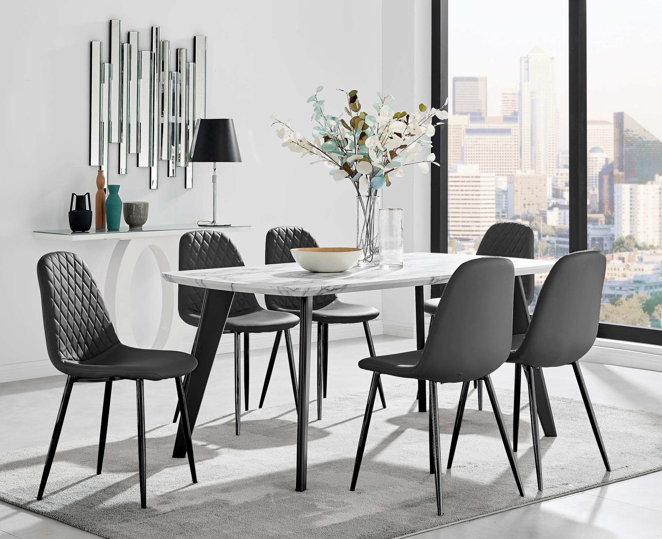 FurnitureboxUK Andria White Marble Effect & Black Leg 6 Seater Dining Table & 6 Corona Faux Leather Chairs