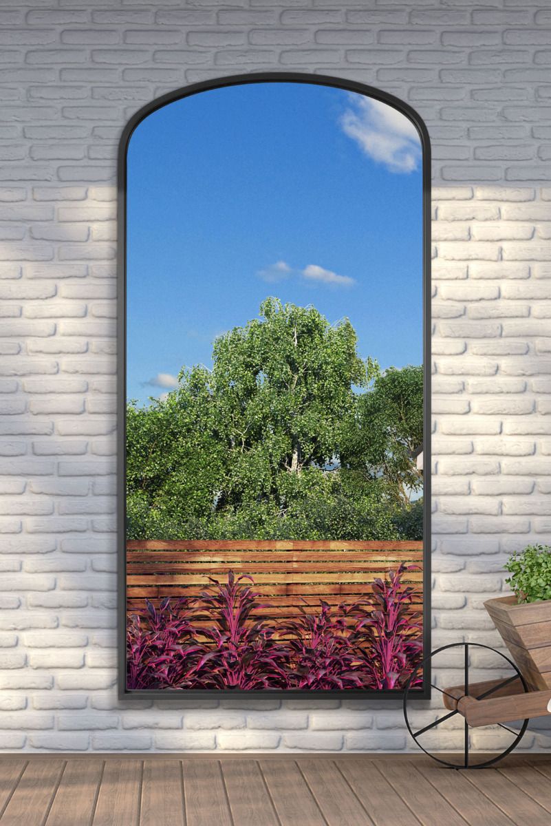 MirrorOutlet Black Metal Framed Arched Garden Wall Mirror 79"x39" (200x100CM)